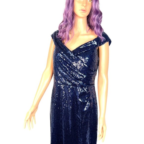 Vintage Marina Navy Blue Sequined Gown Size 12 Off The Shoulder Formal - Picture 10 of 14